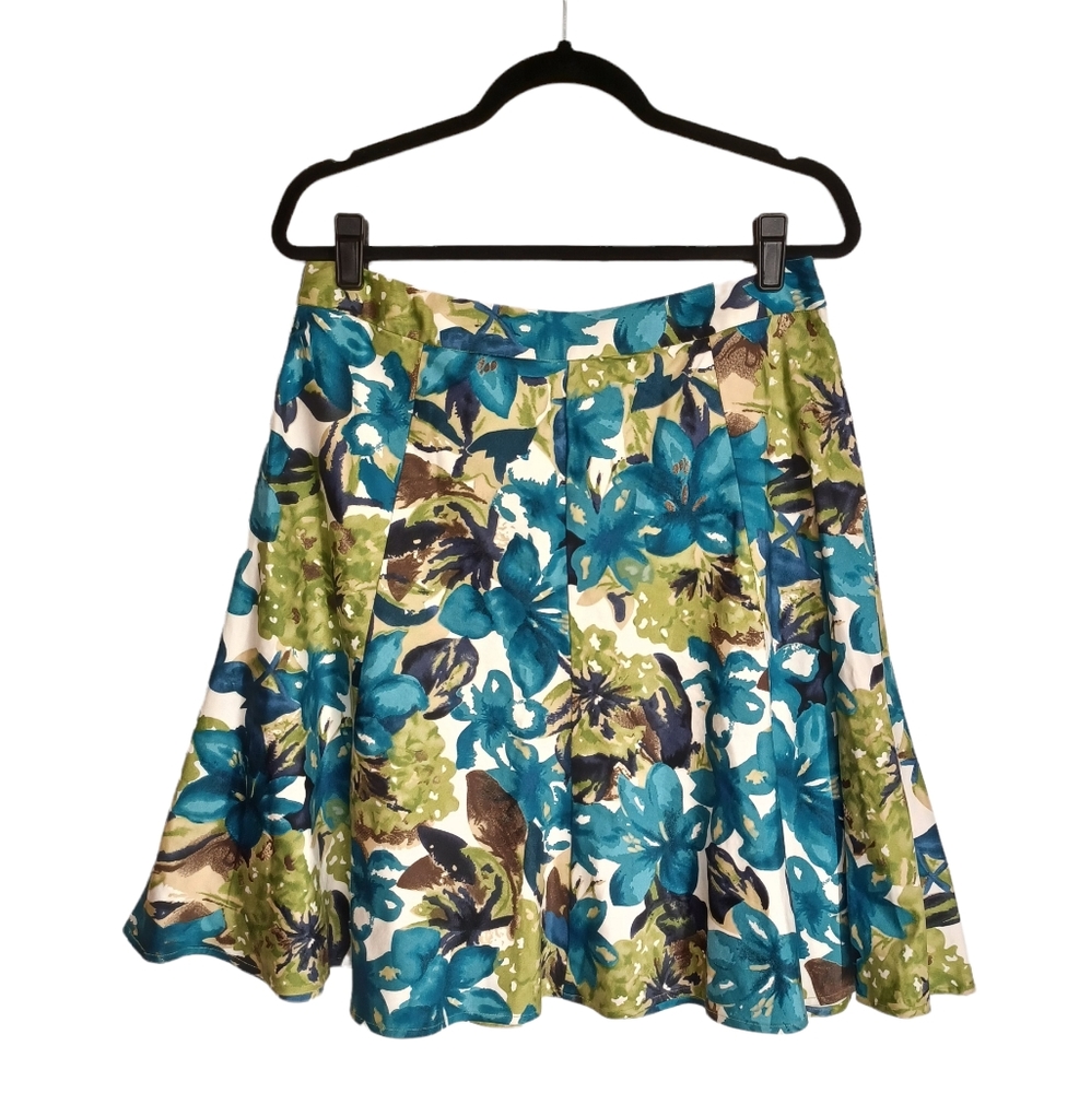 GEGRGE STRETCH Blue Green White Floral Print A Line Swing Skirt 10 (Medium)